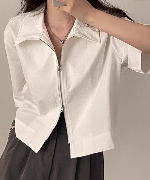 GLAMOROUS JANE(グラマラスジェーン)の「ダブルジップ5分袖トップス(シャツ/ブラウス・レディース・ホワイト/ブラック・FREE)」の6枚目の写真