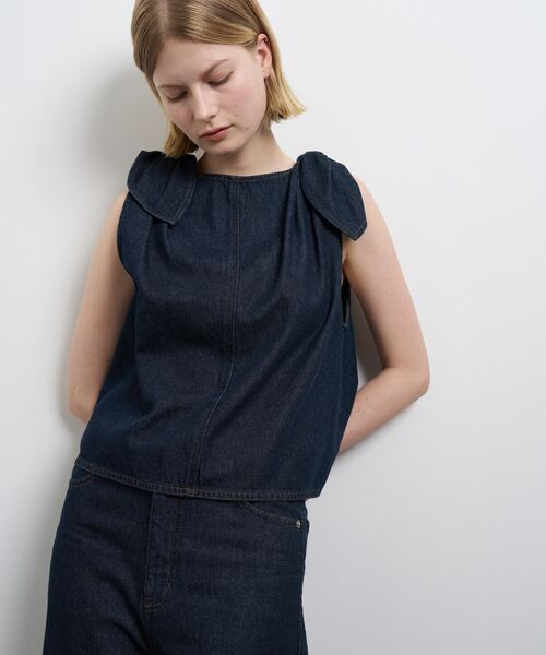 美品 ランバンオンブルー バイカラーレースブラウス ブルー M