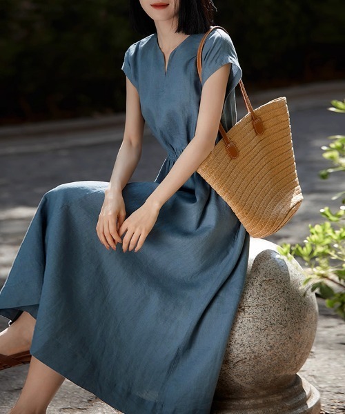 ONEP STAR（ワンピスター）の「キーネックロングワンピース（ワンピース・レディース・カーキ/ブルー・MEDIUM/LARGE/X-LARGE）」の5枚目の写真