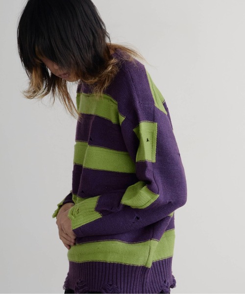 Theater code(シアターコード)の「Damage Border Design Knit/ダメージボーダーデザインニット(ニット/セーター・メンズ・イエロー/レッド/ブラック/パープル・FREE)」の3枚目の写真