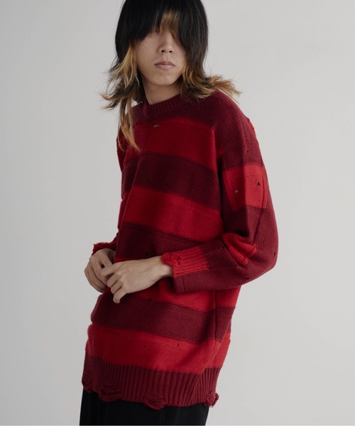Theater code(シアターコード)の「Damage Border Design Knit/ダメージボーダーデザインニット(ニット/セーター・メンズ・イエロー/レッド/ブラック/パープル・FREE)」の4枚目の写真