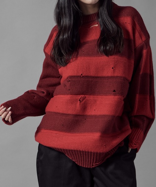 Theater code(シアターコード)の「Damage Border Design Knit/ダメージボーダーデザインニット(ニット/セーター・メンズ・イエロー/レッド/ブラック/パープル・FREE)」の8枚目の写真