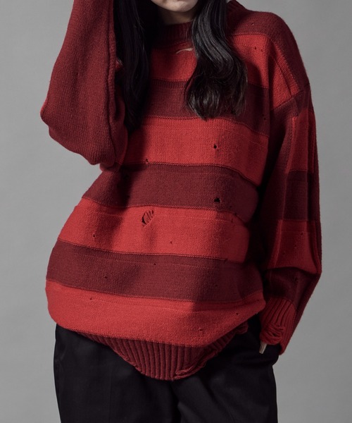 Theater code(シアターコード)の「Damage Border Design Knit/ダメージボーダーデザインニット(ニット/セーター・メンズ・イエロー/レッド/ブラック/パープル・FREE)」の9枚目の写真