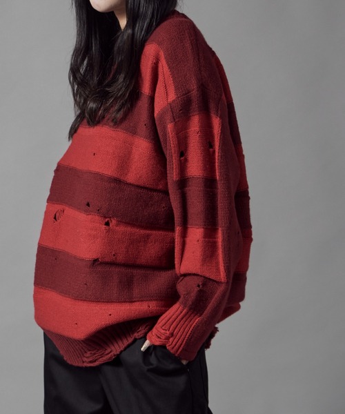 Theater code(シアターコード)の「Damage Border Design Knit/ダメージボーダーデザインニット(ニット/セーター・メンズ・イエロー/レッド/ブラック/パープル・FREE)」の10枚目の写真