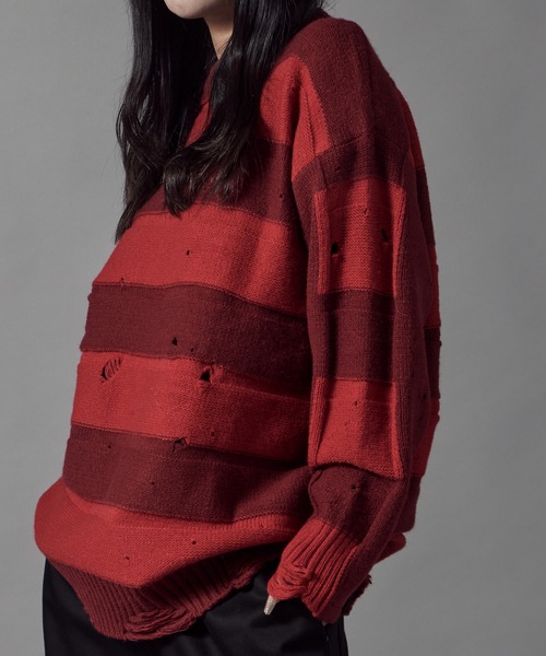 Theater code(シアターコード)の「Damage Border Design Knit/ダメージボーダーデザインニット(ニット/セーター・メンズ・イエロー/レッド/ブラック/パープル・FREE)」の5枚目の写真