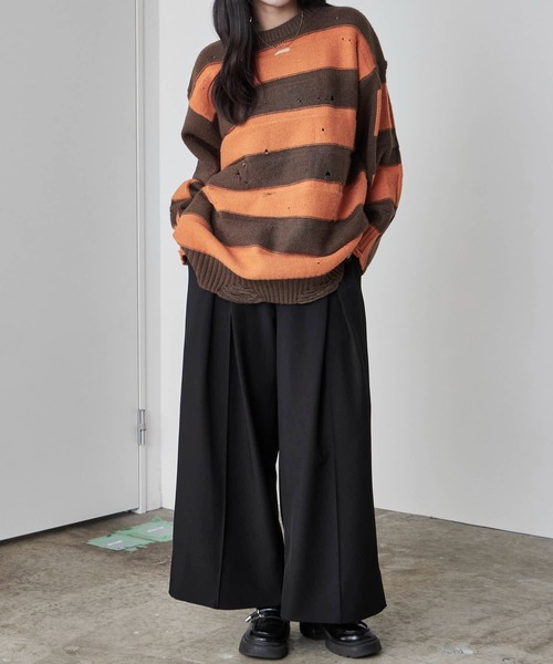 Theater code(シアターコード)の「Damage Border Design Knit/ダメージボーダーデザインニット(ニット/セーター・メンズ・イエロー/レッド/ブラック/パープル・FREE)」の22枚目の写真