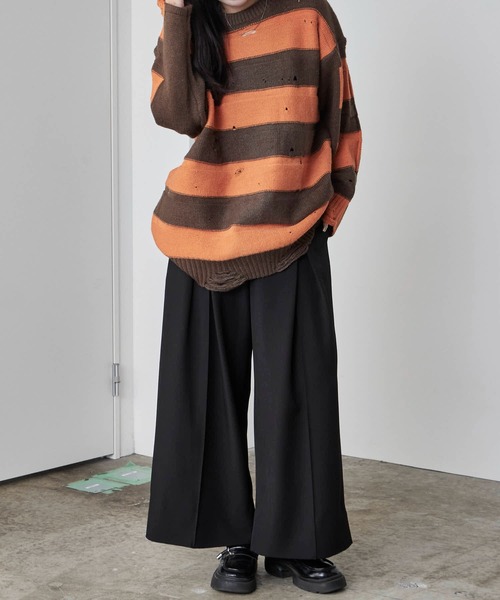 Theater code(シアターコード)の「Damage Border Design Knit/ダメージボーダーデザインニット(ニット/セーター・メンズ・イエロー/レッド/ブラック/パープル・FREE)」の11枚目の写真