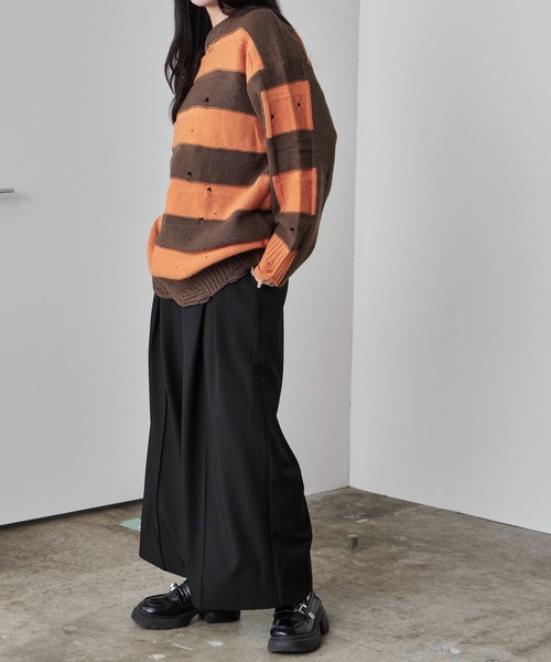 Theater code(シアターコード)の「Damage Border Design Knit/ダメージボーダーデザインニット(ニット/セーター・メンズ・イエロー/レッド/ブラック/パープル・FREE)」の12枚目の写真