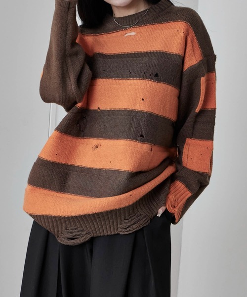 Theater code(シアターコード)の「Damage Border Design Knit/ダメージボーダーデザインニット(ニット/セーター・メンズ・イエロー/レッド/ブラック/パープル・FREE)」の17枚目の写真