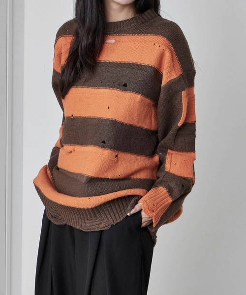 Theater code(シアターコード)の「Damage Border Design Knit/ダメージボーダーデザインニット(ニット/セーター・メンズ・イエロー/レッド/ブラック/パープル・FREE)」の18枚目の写真