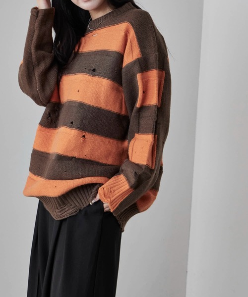 Theater code(シアターコード)の「Damage Border Design Knit/ダメージボーダーデザインニット(ニット/セーター・メンズ・イエロー/レッド/ブラック/パープル・FREE)」の19枚目の写真