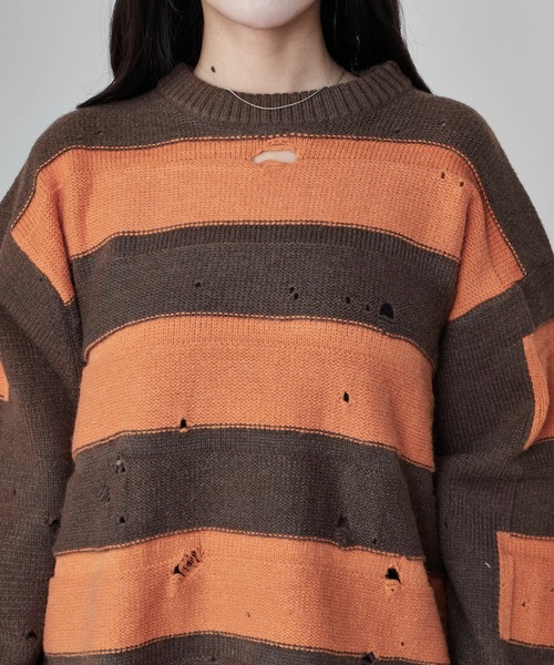 Theater code(シアターコード)の「Damage Border Design Knit/ダメージボーダーデザインニット(ニット/セーター・メンズ・イエロー/レッド/ブラック/パープル・FREE)」の16枚目の写真
