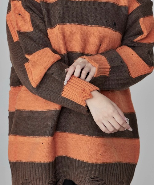 Theater code(シアターコード)の「Damage Border Design Knit/ダメージボーダーデザインニット(ニット/セーター・メンズ・イエロー/レッド/ブラック/パープル・FREE)」の6枚目の写真