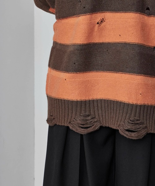 Theater code(シアターコード)の「Damage Border Design Knit/ダメージボーダーデザインニット(ニット/セーター・メンズ・イエロー/レッド/ブラック/パープル・FREE)」の7枚目の写真