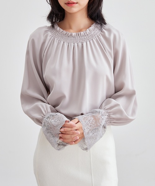 Lace Ladies(レースレディース)の「配レース シャーリング ギャザー 長袖 ブラウス(シャツ/ブラウス・レディース・グレー/パープル/ホワイト/ブラック・S/FREE)」の3枚目の写真