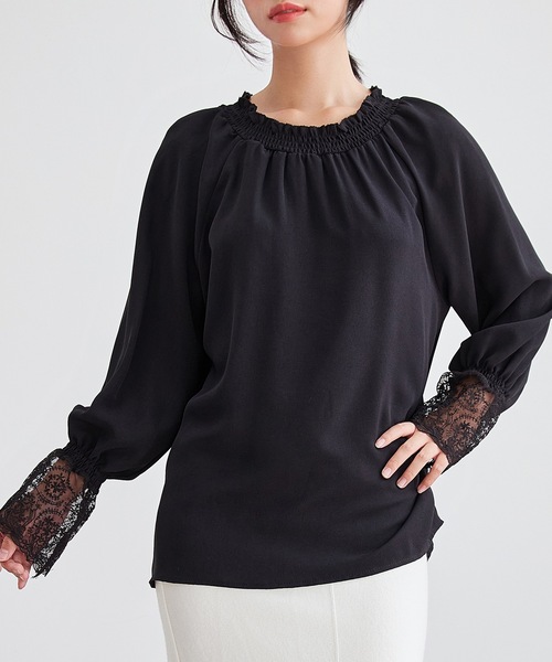 Lace Ladies(レースレディース)の「配レース シャーリング ギャザー 長袖 ブラウス(シャツ/ブラウス・レディース・グレー/パープル/ホワイト/ブラック・S/FREE)」の2枚目の写真