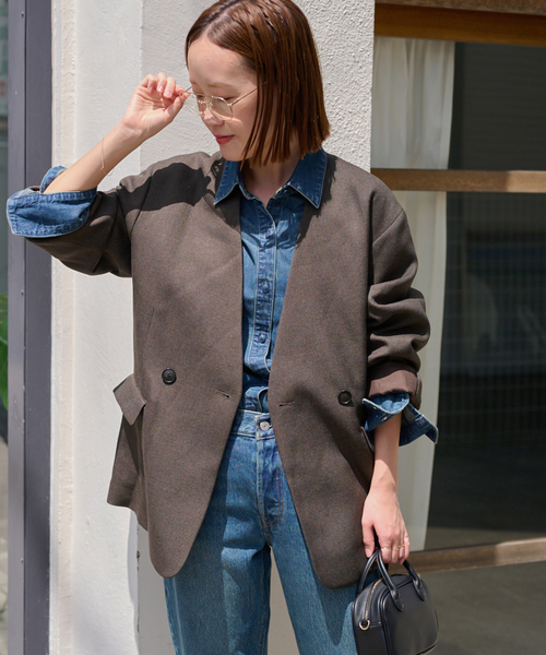 メランジノーカラーダブルジャケット（ノーカラージャケット