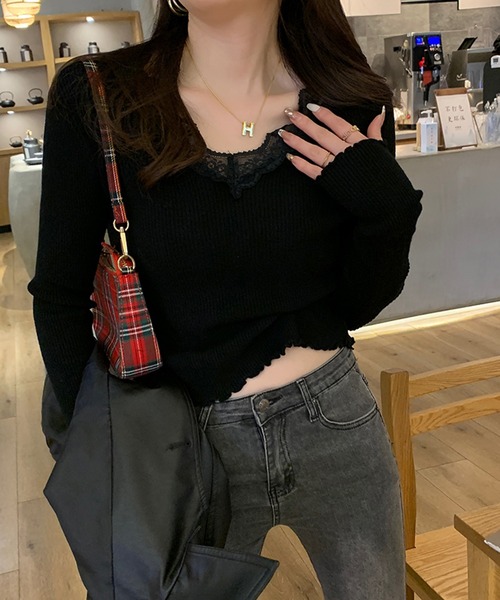 Songe（ソンジュ）の「レース付きVネック長袖リブトップス（Tシャツ/カットソー・レディース・オフホワイト/グレー/ブラック/ホワイト・FREE）」の15枚目の写真