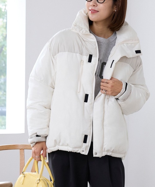 THE CRAFT CREW PRODUCTS（ザクラフトクループロダクツ）の「ビッグシルエット バイカラー ドロスト スタンドカラー  パディングジャケット【THE CRAFT CREW PRODUCTS】（ダウンジャケット/コート・レディース・アイボリー/カーキ/ブラック/ネイビー・FREE）」の2枚目の写真