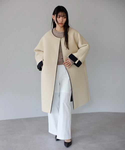 【動画あり】double faced collarless bonding coat / ダブルフェイスボンディングノーカラーコート
