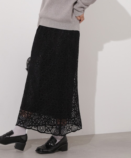 N.（N. Natural Beauty Basic）（エヌエヌナチュラルビューティーベーシック）の「【PS/低身長サイズ】ヴィンテージライクレーススカート（スカート・レディース・ブラック/オフホワイト・MEDIUM/P/S）」の5枚目の写真