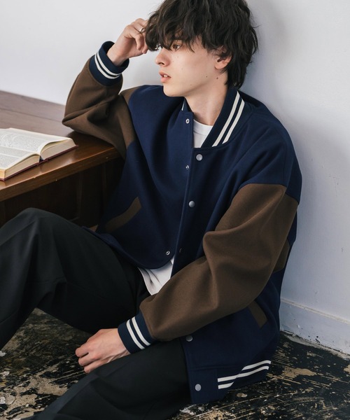 オーバーサイズテックメルトン/PUレザー切替スタジャン（スタジャン