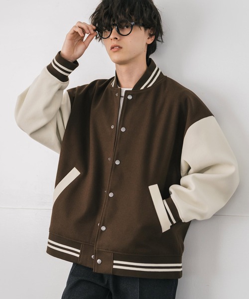 セール】オーバーサイズテックメルトン/PUレザー切替スタジャン