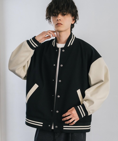 オーバーサイズテックメルトン/PUレザー切替スタジャン（スタジャン