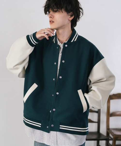 Rocky Monroe（ロッキーモンロー）の「オーバーサイズテックメルトン/PUレザー切替スタジャン（スタジャン・メンズ・ネイビー/ブラウン/ブラック×ホワイト/ダークグリーン/ネイビー系/ブラック×ブラック/ブラック/ホワイト×ブラック・M/L/XL）」の6枚目の写真