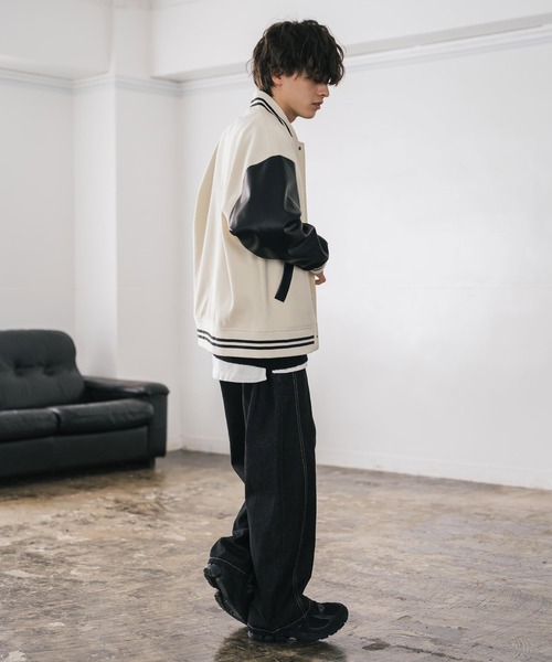 セール】オーバーサイズテックメルトン/PUレザー切替スタジャン