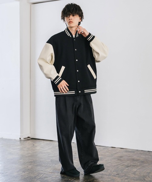セール】オーバーサイズテックメルトン/PUレザー切替スタジャン