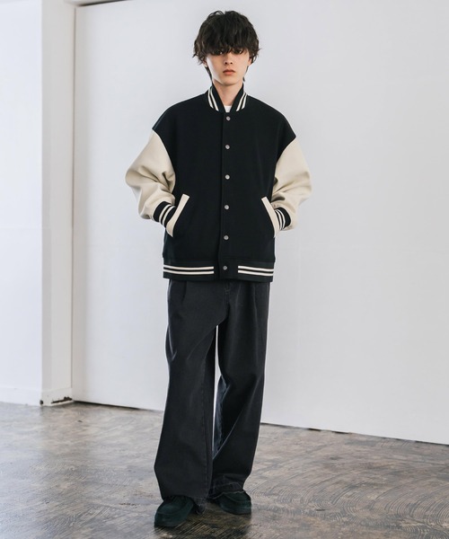 セール】オーバーサイズテックメルトン/PUレザー切替スタジャン