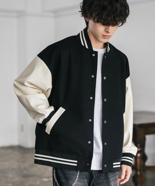 オーバーサイズテックメルトン/PUレザー切替スタジャン（スタジャン