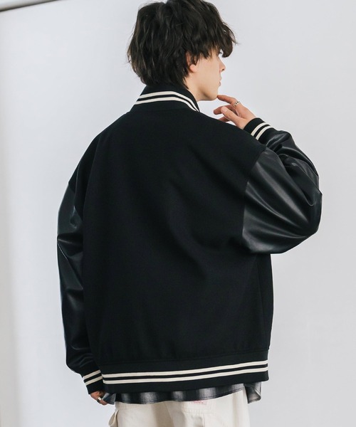 セール】オーバーサイズテックメルトン/PUレザー切替スタジャン