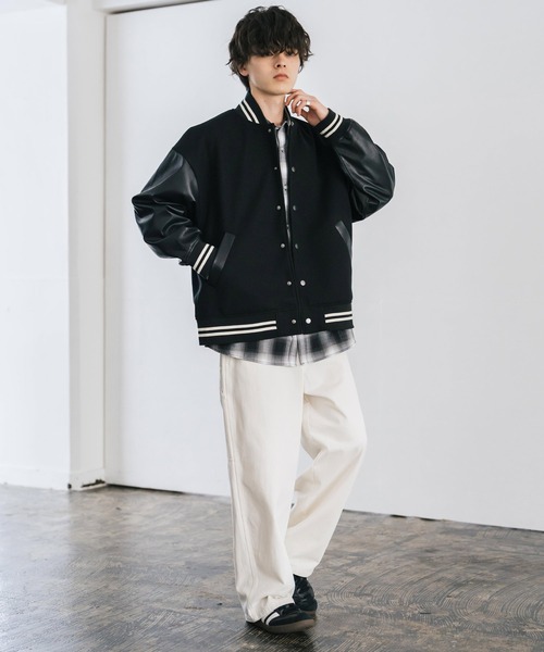 セール】オーバーサイズテックメルトン/PUレザー切替スタジャン