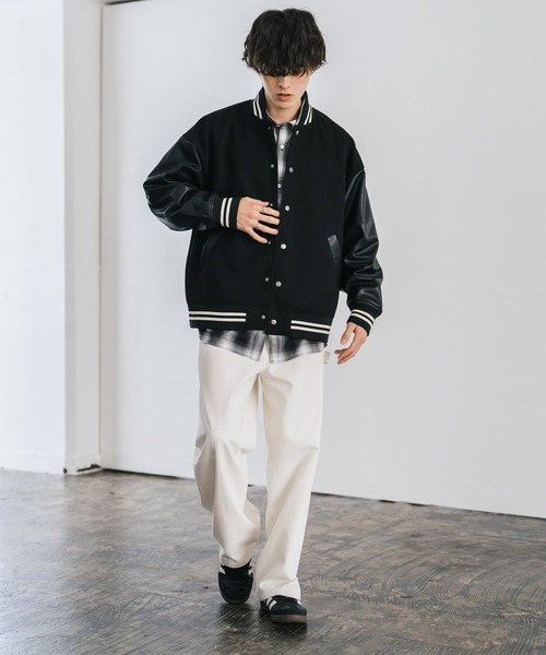 オーバーサイズテックメルトン/PUレザー切替スタジャン（スタジャン