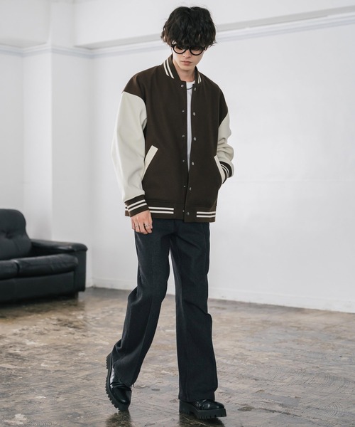 オーバーサイズテックメルトン/PUレザー切替スタジャン（スタジャン