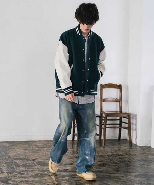 オーバーサイズテックメルトン/PUレザー切替スタジャン（スタジャン