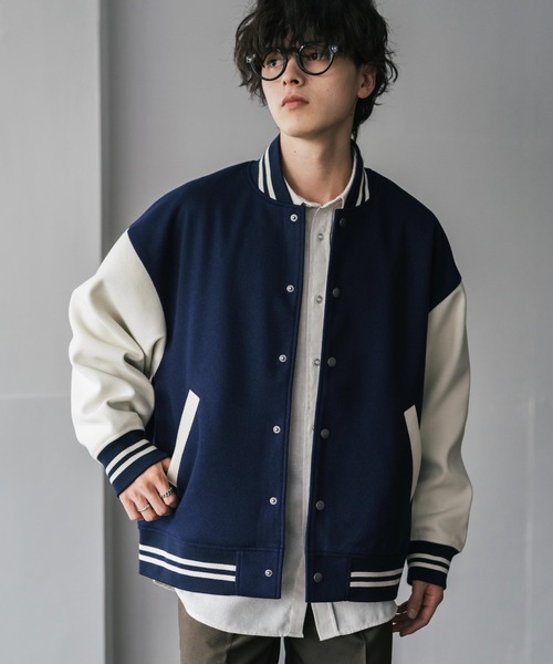 セール】オーバーサイズテックメルトン/PUレザー切替スタジャン