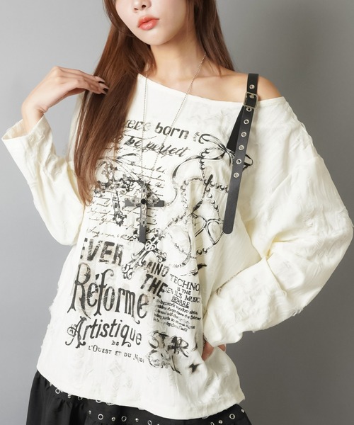 SPINNS(スピンズ)の「長袖ダメージ Tシャツ/ワンショルダー肩ベルト/ロマンスパンク(Tシャツ/カットソー・レディース・グレー/オフホワイト・ONESIZE)」の1枚目の写真