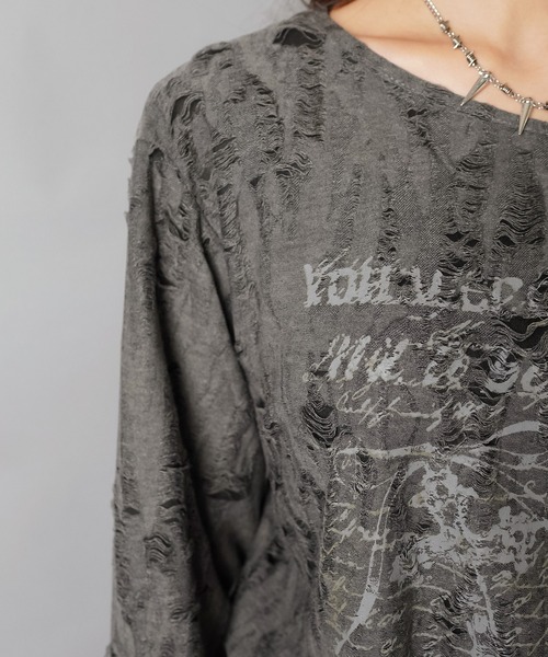 SPINNS(スピンズ)の「長袖ダメージ Tシャツ/ワンショルダー肩ベルト/ロマンスパンク(Tシャツ/カットソー・レディース・グレー/オフホワイト・ONESIZE)」の8枚目の写真