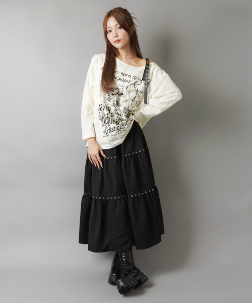 SPINNS(スピンズ)の「長袖ダメージ Tシャツ/ワンショルダー肩ベルト/ロマンスパンク(Tシャツ/カットソー・レディース・グレー/オフホワイト・ONESIZE)」の20枚目の写真