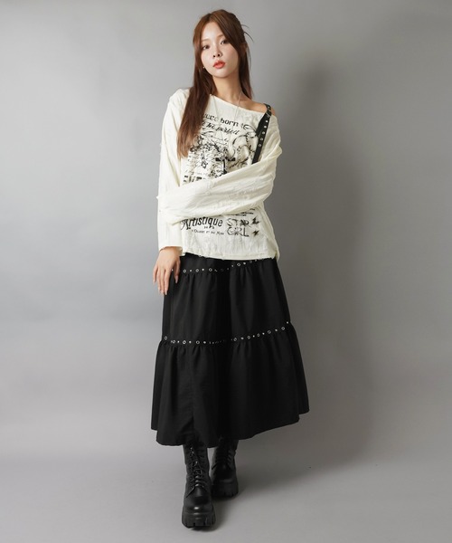 SPINNS(スピンズ)の「長袖ダメージ Tシャツ/ワンショルダー肩ベルト/ロマンスパンク(Tシャツ/カットソー・レディース・グレー/オフホワイト・ONESIZE)」の21枚目の写真