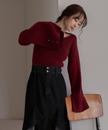 button design flare sleeve rib knit / ボタンデザインフレアスリーブリブニット