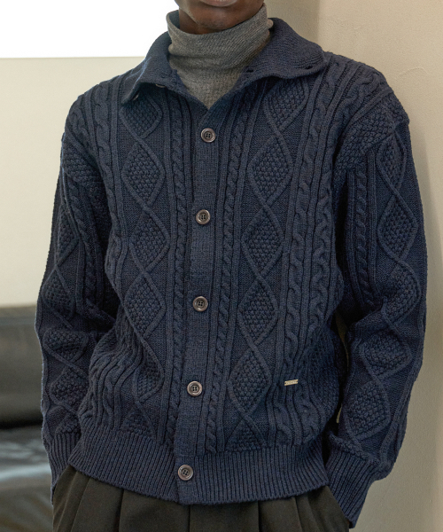 プレートフィッシャーマンニットカーディガン_ネイビー（ニット