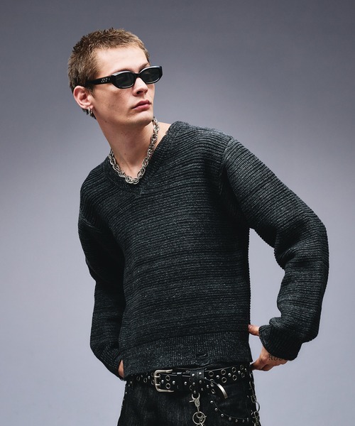 セール】Damaged Slub V-neck Knit / ダメージスラブVネックニット 