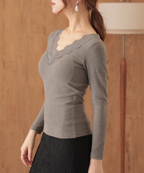 Lace Ladies(レースレディース)の「Vネック レース カップ付き リブ トップス(Tシャツ/カットソー・レディース・アイボリー/ブラック/グレー・FREE)」の14枚目の写真
