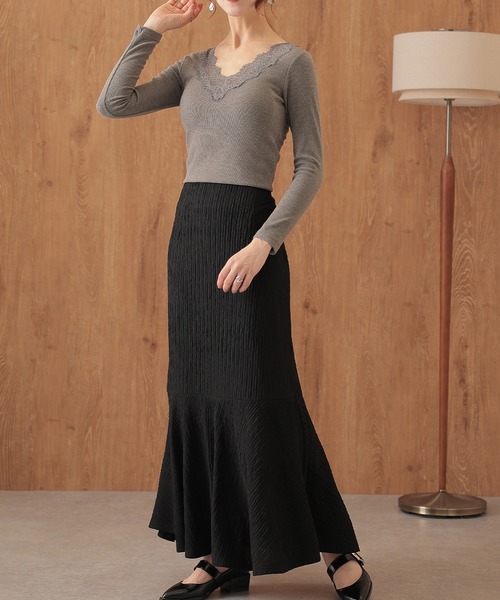 Lace Ladies(レースレディース)の「Vネック レース カップ付き リブ トップス(Tシャツ/カットソー・レディース・アイボリー/ブラック/グレー・FREE)」の15枚目の写真