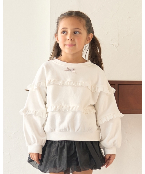 Lycee mine（リセマイン）の「【毛玉バイバイ裏起毛】【どちらが前でもOK】フリルフリルスウェット（スウェット・キッズ・サックスブルー/ブラック/アイボリー/ライトグレー・130cm/140cm/150cm/110cm/100cm/120cm）」の2枚目の写真