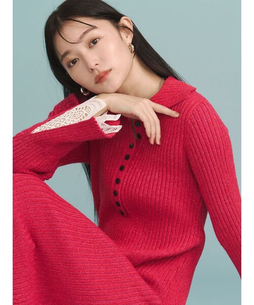 LAGUNAMOON（ラグナムーン）の「ラメブレンドレースカフスニットワンピース（ワンピース・レディース・ネイビー/ベージュ/ピンク・MEDIUM/SMALL）」の3枚目の写真